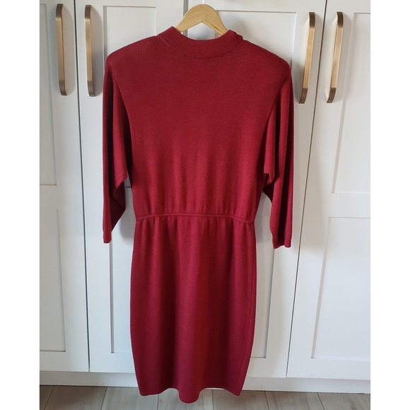 St John Marie Gray Dress Womens 12 Red Knit Mock Neck Shoulder Pads Made in USA - Picture 3 of 11